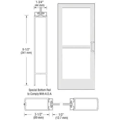 CRL-U.S. Aluminum CZ42752R136 White KYNAR Paint 400 Series Medium Stile Inactive Leaf of Pair 3'0 x 7'0 Center Hung for OHCC w/Standard Push Bars Complete Panic Door with Std. Panic and 9-1/2" Bottom Rail