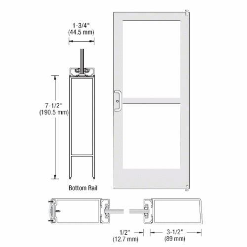 CRL-U.S. Aluminum HZ42252LA36 White KYNAR Paint 400 Series Medium Stile Active Leaf of Pair 3'0 x 7'0 Offset Hung with Pivots for Surf Mount Closer Complete Panic Door with Standard Panic and 7-1/2" Bottom Rail