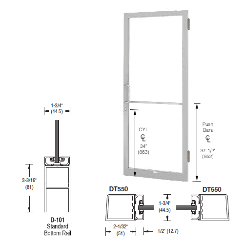 CRL-U.S. Aluminum 1DC21511L036 Clear Anodized 250 Series Narrow Stile (RHR) HRSO Single 3'0 x 7'0 Offset Hung with Butt Hinges for Surf Mount Closer Complete Door for 1" Glass with Standard MS Lock and Bottom Rail