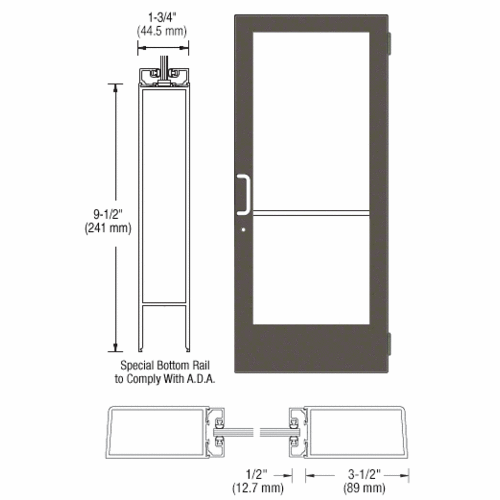 Bronze Black Anodized 400 Series Medium Stile (RHR) HRSO Single 3'0 x 7'0 Offset Hung with Butt Hinges for Surf Mount Closer Complete Door Std. Lock and 9-1/2" Bottom Rail for 1" Glass with Standard MS Lock and Bottom Rail
