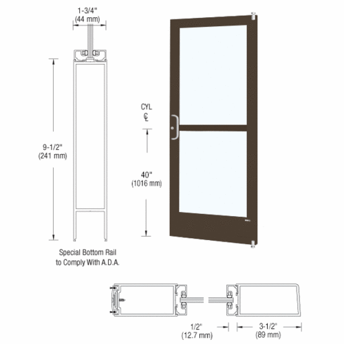 CRL-U.S. Aluminum 1CZ42222LA36 Bronze Black Anodized 400 Series Medium Stile Active Leaf of Pair 3'0 x 7'0 Offset Hung with Pivots for Surf Mount Closer Complete Panic Door for 1" Glass with Standard Panic and 9-1/2" Bottom Rail