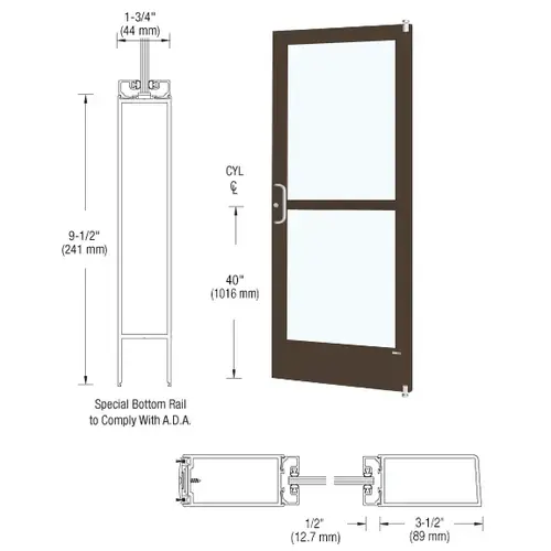 CRL-U.S. Aluminum 1CZ42222LA36 Bronze Black Anodized 400 Series Medium Stile Active Leaf of Pair 3'0 x 7'0 Offset Hung with Pivots for Surf Mount Closer Complete Panic Door for 1" Glass with Standard Panic and 9-1/2" Bottom Rail