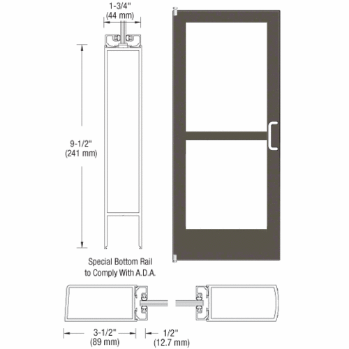 CRL-U.S. Aluminum 1CZ42222R136 Bronze Black Anodized 400 Series Medium Stile Inactive Leaf of Pair 3'0 x 7'0 Offset Hung with Pivots for Surf Mount Closer Complete Panic Door for 1" Glass with Standard Panic and 9-1/2" Bottom Rail