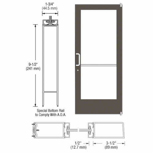 Bronze Black Anodized 400 Series Medium Stile Active Leaf of Pair 3'0 x 7'0 Offset Hung with Pivots for Surf Mount Closer Complete ADA Door for 1" Glass with Lock Indicator, Cyl Guard