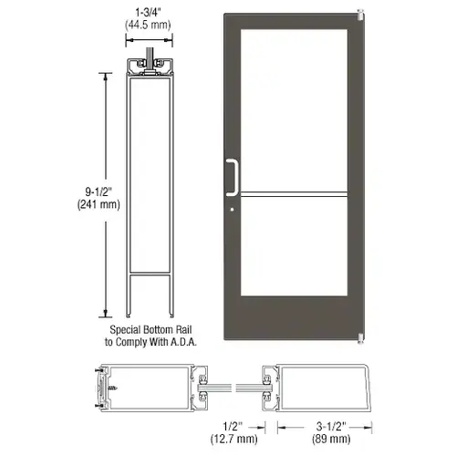 CRL-U.S. Aluminum 1CD42222LA36 Bronze Black Anodized 400 Series Medium Stile Active Leaf of Pair 3'0 x 7'0 Offset Hung with Pivots for Surf Mount Closer Complete ADA Door for 1" Glass with Lock Indicator, Cyl Guard