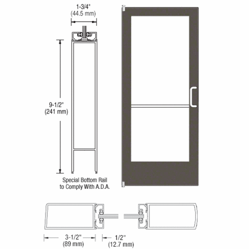 CRL-U.S. Aluminum 1DE42222R136 Bronze Black Anodized 400 Series Medium Stile Inactive Leaf of Pair 3'0 x 7'0 Offset Hung with Pivots for Surf Mount Closer Complete Door for 1" Glass with Standard MS Lock and Bottom Rail
