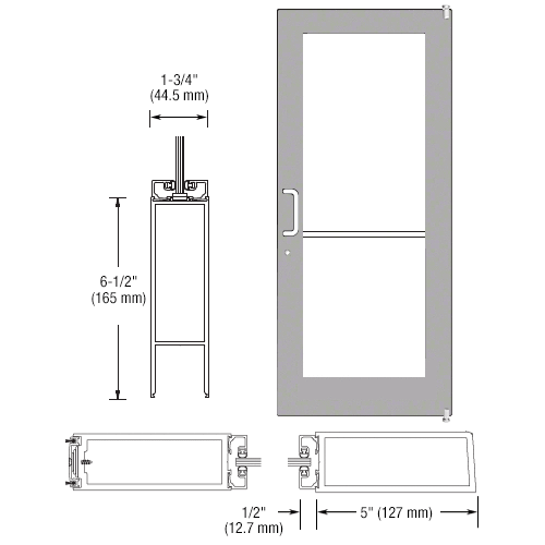 Clear Anodized 550 Series Wide Stile Active Leaf of Pair 3'0 x 7'0 Offset Hung with Pivots for Surf Mount Closer Complete Door for 1" Glass with Standard MS Lock and Bottom Rail
