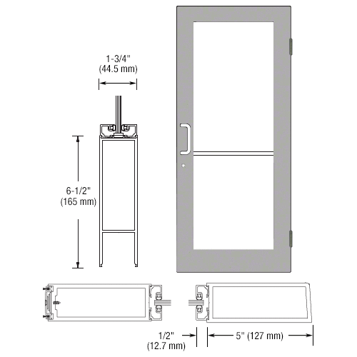 Clear Anodized 550 Series Wide Stile Active Leaf of Pair 3'0 x 7'0 Offset Hung with Butt Hinges for Surf Mount Closer Complete Door Std. MS Lock and Bottom Rail