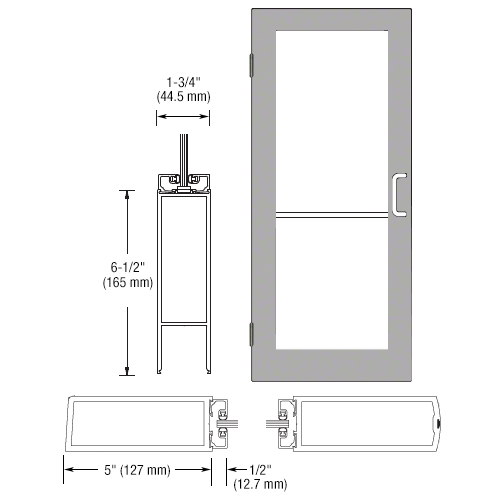 Clear Anodized 550 Series Wide Stile Inactive Leaf of Pair 3'0 x 7'0 Offset Hung with Butt Hinges for Surf Mount Closer Complete Door for 1" Glass with Standard MS Lock and Bottom Rail