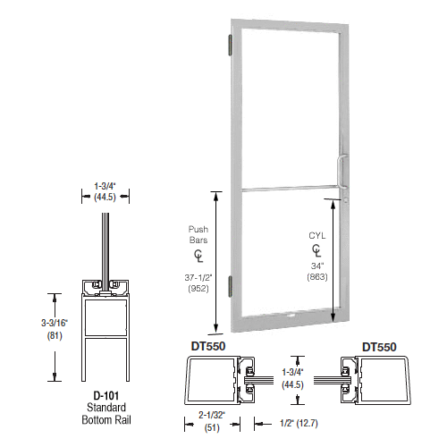 CRL-U.S. Aluminum 1DC21511R036 Clear Anodized 250 Series Narrow Stile (LHR) HLSO Single 3'0 x 7'0 Offset Hung with Butt Hinges for Surf Mount Closer Complete Door for 1" Glass with Standard MS Lock and Bottom Rail