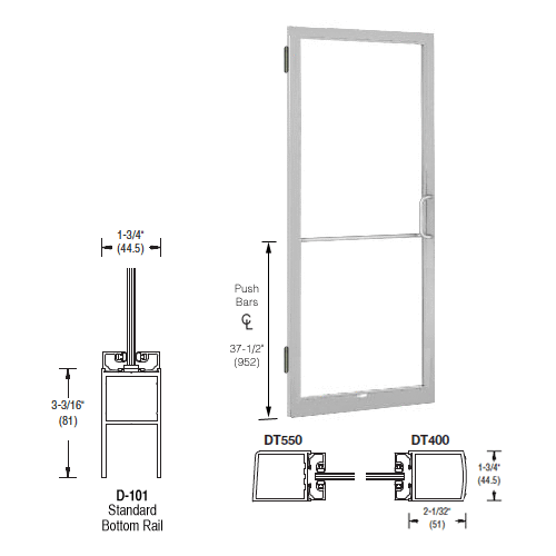 CRL-U.S. Aluminum DC22511R136 Clear Anodized 250 Series Narrow Stile Inactive Leaf of Pair 3'0 x 7'0 Offset Hung with Butt Hinges for Surf Mount Closer Complete Door Std. MS Lock & Bottom Rail