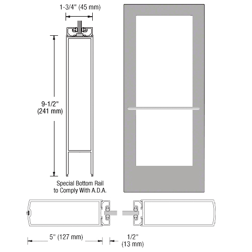 CRL-U.S. Aluminum DE52711R136 Clear Anodized 550 Series Wide Stile Inactive Leaf of Pair 3'0 x 7'0 Center Hung for OHCC w/Standard Push Bars Complete Door Std. Lock and 9-1/2" Bottom Rail