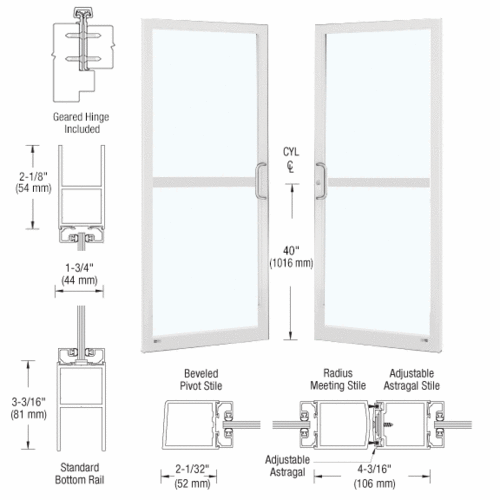 CRL-U.S. Aluminum DZ22852 White KYNAR Paint Custom Pair Series 250 Narrow Stile Geared Hinge Entrance Doors For Panics and Surface Mount Door Closers