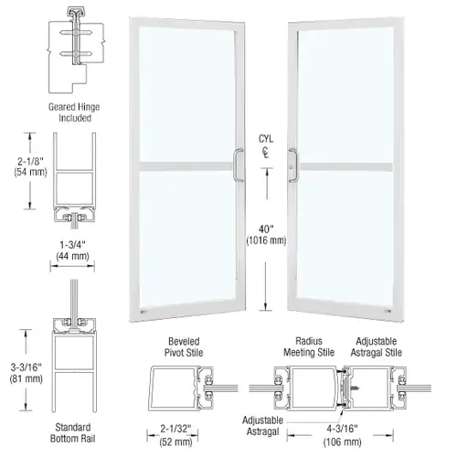 CRL-U.S. Aluminum DZ22852 White KYNAR Paint Custom Pair Series 250 Narrow Stile Geared Hinge Entrance Doors For Panics and Surface Mount Door Closers