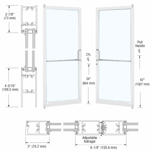 CRL-U.S. Aluminum 1D22252 White KYNAR Paint Custom Pair Series 250T Narrow Stile Offset Pivot Thermal Entrance Doors for Surface Mount Door Closers