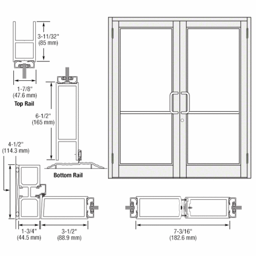 White KYNAR Paint Custom Pair Series 800 Durafront Medium Stile Butt Hinge Entrance Doors for Surface Mount Door Closers