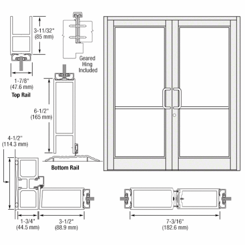 White KYNAR Paint Custom Pair Series 800 Durafront Medium Stile Geared Hinge Entrance Doors for Surface Mount Door Closers