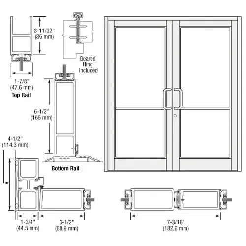 CRL-U.S. Aluminum DC82852 White KYNAR Paint Custom Pair Series 800 Durafront Medium Stile Geared Hinge Entrance Doors for Surface Mount Door Closers