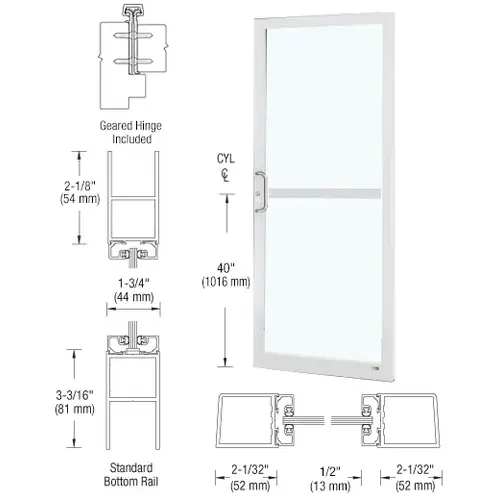 CRL-U.S. Aluminum DZ21852 Bone White KYNAR Custom Single Series 250 Narrow Stile Geared Hinge Entrance Door With Panic for Surface Mount Door Closer