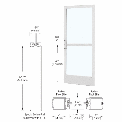 CRL-U.S. Aluminum CZ21752L036 White KYNAR Paint 250 Series Narrow Stile (RHR) HRSO Single 3'0 x 7'0 Center Hung for OHCC w/Standard Push Bars Complete Panic Door with Std. Panic and 9-1/2" Bottom Rail