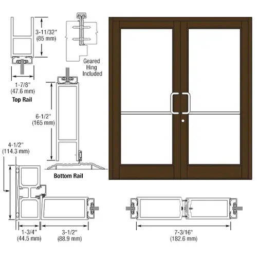 CRL-U.S. Aluminum DC82822 Bronze Black Anodized Custom Pair Series 800 Durafront Medium Stile Geared Hinge Entrance Doors for Surface Mount Door Closers