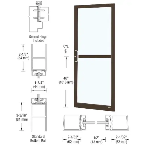 CRL-U.S. Aluminum DZ21822 Bronze Black Anodized Custom Single Series 250 Narrow Stile Geared Hinge Entrance Door With Panic for Surface Mount Door Closer