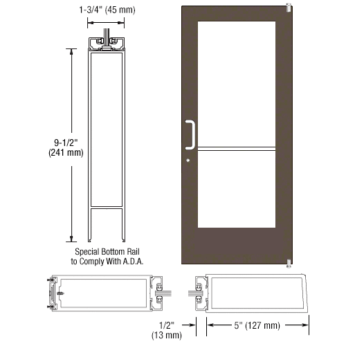Bronze Black Anodized 550 Series Wide Stile Active Leaf of Pair 3'0 x 7'0 Offset Hung with Pivots for Surf Mount Closer Complete ADA Door for 1" Glass with Lock Indicator, Cylinder Guard