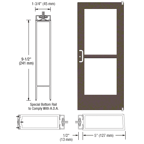 CRL-U.S. Aluminum 1CZ52222LA36 Bronze Black Anodized 550 Series Wide Stile Active Leaf of Pair 3'0 x 7'0 Offset Hung with Pivots for Surf Mount Closer Complete Panic Door for 1" Glass with Standard Panic and 9-1/2" Bottom Rail
