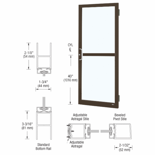 CRL-U.S. Aluminum 1DZ22522LA36 Bronze Anodized 250 Series Narrow Stile Active Leaf of Pair 3'0 x 7'0 Offset Hung with Butt Hinges for Surf Mount Closer Complete Panic Door for 1" Glass with Standard MS Lock and Bottom Rail