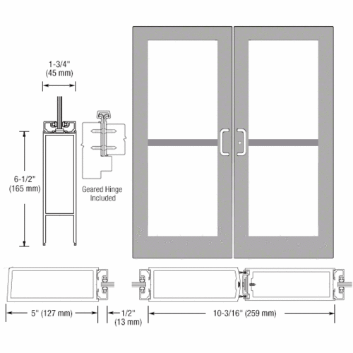 Clear Anodized Custom Pair Series 550 Wide Stile Geared Hinge Entrance Doors For Panics and Surface Mount Door Closers