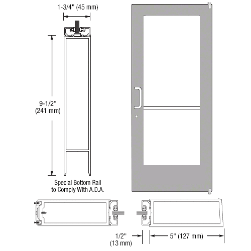 CRL-U.S. Aluminum 1CD52211LA36 Clear Anodized 550 Series Wide Stile Active Leaf of Pair 3'0 x 7'0 Offset Hung with Pivots for Surf Mount Closer Complete ADA Door for 1" Glass with Lock Indicator, Cylinder Guard