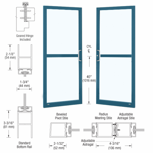 Custom KYNAR Paint Custom Pair Series 250 Narrow Stile Geared Hinge Entrance Doors For Panics and Surface Mount Door Closers