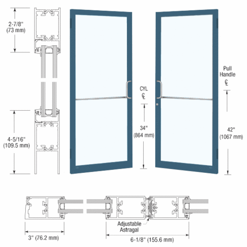 Custom KYNAR Paint Custom Pair Series 250T Narrow Stile Butt Hinge Thermal Entrance Doors for Surface Mount Door Closers