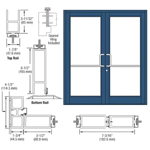 CRL-U.S. Aluminum DC82871 Custom KYNAR Paint Custom Pair Series 800 Durafront Medium Stile Geared Hinge Entrance Doors for Surface Mount Door Closers