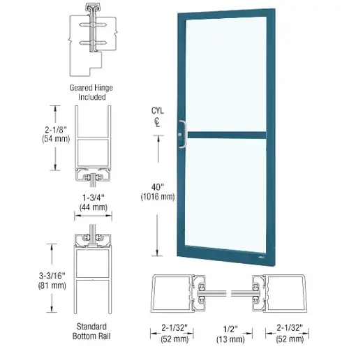 CRL-U.S. Aluminum DZ21871 Custom KYNAR Paint Custom Single Series 250 Narrow Stile Geared Hinge Entrance Door With Panic for Surface Mount Door Closer