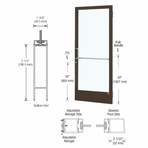 CRL-U.S. Aluminum 1HE22522LA36 Bronze Black Anodized 250 Series Narrow Stile Active Leaf of Pair 3'0 x 7'0 Offset Hung with Butt Hinges for Surf Mount Closer Complete Door for 1" Glass with Standard MS Lock, 7-1/2" Standard Bottom Rail