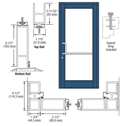 CRL-U.S. Aluminum DC81871 Custom KYNAR Paint Custom Single Series 800 Durafront Medium Stile Geared Hinge Entrance Door for Surface Mount Door Closer