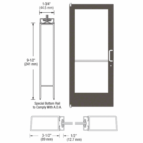 CRL-U.S. Aluminum 1DE41222R036 Bronze Black Anodized 400 Series Medium Stile (LHR) HLSO Single 3'0 x 7'0 Offset Hung with Pivots for Surf Mount Closer Complete Door Std. Lock and 9-1/2" Bottom Rail for 1" Glass with Standard MS Lock and Bottom Rail