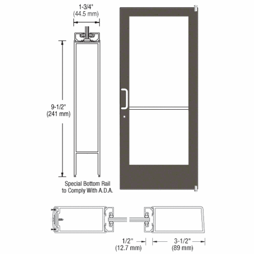 CRL-U.S. Aluminum 1DE42222LA36 Bronze Black Anodized 400 Series Medium Stile Active Leaf of Pair 3'0 x 7'0 Offset Hung with Pivots for Surf Mount Closer Complete Door Std. Lock and 9-1/2" Bottom Rail for 1" Glass with Standard MS Lock and Bottom Rail