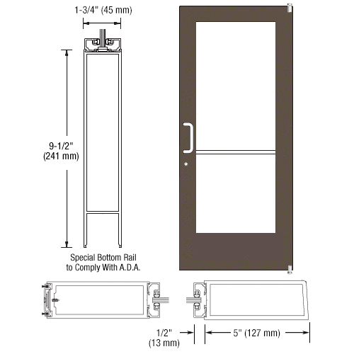 Bronze Black Anodized 550 Series Wide Stile Active Leaf of Pair 3'0 x 7'0 Offset Hung with Pivots for Surf Mount Closer Complete Door Std. Lock and 9-1/2" Bottom Rail for 1" Glass with Standard MS Lock and Bottom Rail