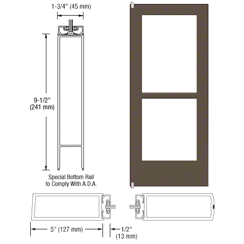 CRL-U.S. Aluminum 1CZ52222R136 Bronze Black Anodized 550 Series Wide Stile Inactive Leaf of Pair 3'0 x 7'0 Offset Hung with Pivots for Surf Mount Closer Complete Panic Door for 1" Glass with Standard Panic and 9-1/2" Bottom Rail