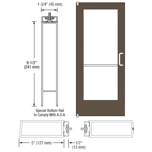 Bronze Black Anodized 550 Series Wide Stile Inactive Leaf of Pair 3'0 x 7'0 Offset Hung with Pivots for Surf Mount Closer Complete Door for 1" Glass with Standard MS Lock and Bottom Rail