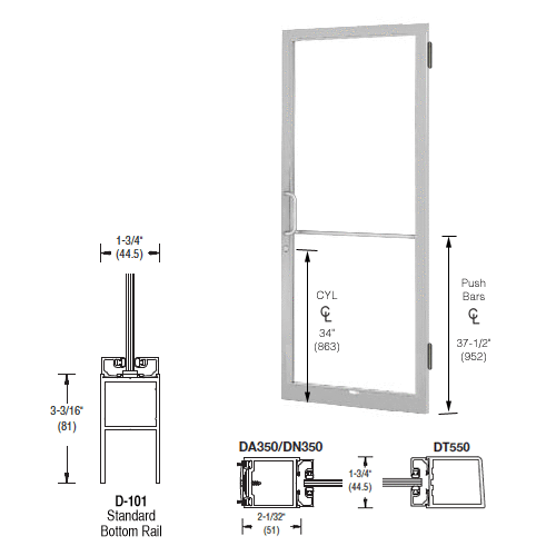 CRL-U.S. Aluminum 1DC22511LA36 Clear Anodized 250 Series Narrow Stile Active Leaf of Pair 3'0 x 7'0 Offset Hung with Butt Hinges for Surf Mount Closer Complete Door for 1" Glass with Standard MS Lock and Bottom Rail