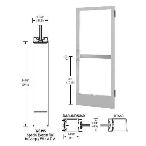 CRL-U.S. Aluminum CZ22511LA36 Clear Anodized 250 Series Narrow Stile Active Leaf of Pair 3'0 x 7'0 Offset Hung with Butt Hinges for Surface Mount Closer Complete Panic Door with Standard Panic and 9-1/2" Bottom Rail