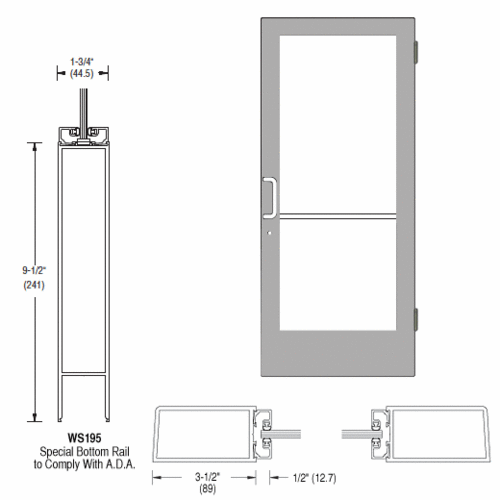 Clear Anodized 400 Series Medium Stile (RHR) HRSO Single 3'0 x 7'0 Offset Hung with Butt Hinges for Surface Mount Closer Complete ADA Door for 1" Glass with Lock Indicator, Cylinder Guard