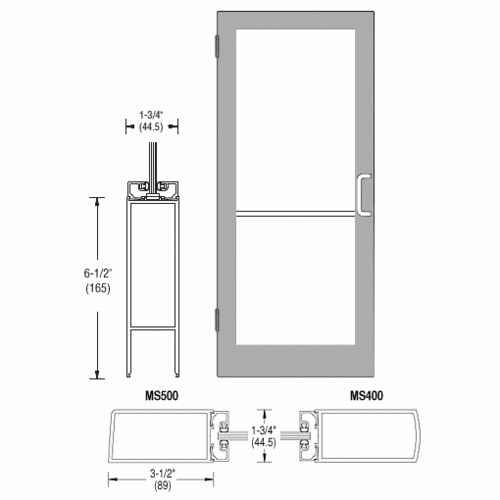 Clear Anodized 400 Series Medium Stile Inactive Leaf of Pair 3'0 x 7'0 Offset Hung with Butt Hinges for Surf Mount Closer Complete Door for 1" Glass with Standard MS Lock and Bottom Rail