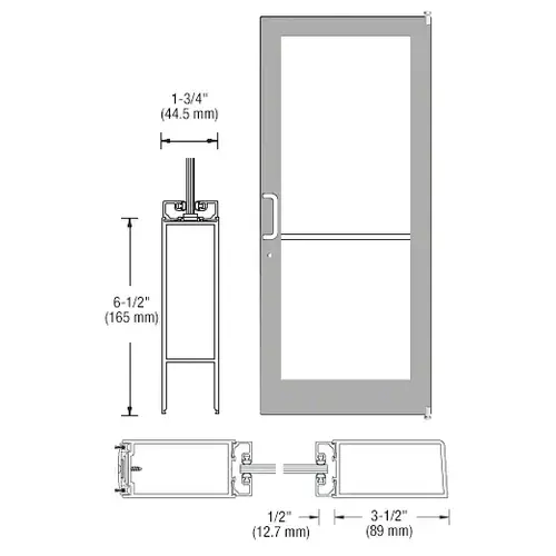 CRL-U.S. Aluminum 1DC42211LA36 Clear Anodized 400 Series Medium Stile Active Leaf of Pair 3'0 x 7'0 Offset Hung with Pivots for Surf Mount Closer Complete Door for 1" Glass with Standard MS Lock and Bottom Rail