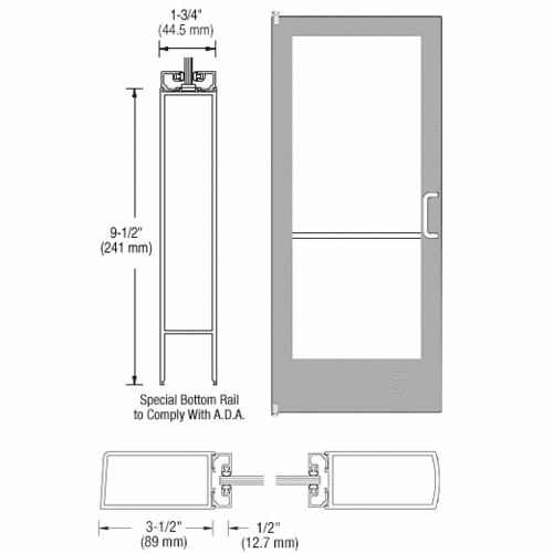 CRL-U.S. Aluminum DE42211R136 Clear Anodized 400 Series Medium Stile Inactive Leaf of Pair 3'0 x 7'0 Offset Hung with Pivots for Surf Mount Closer Complete Door Std. Lock and 9-1/2" Bottom Rail