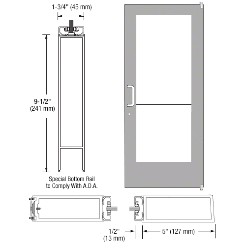 Clear Anodized 550 Series Wide Stile Active Leaf of Pair 3'0 x 7'0 Offset Hung with Pivots for Surf Mount Closer Complete Door for 1" Glass with Standard MS Lock and Bottom Rail