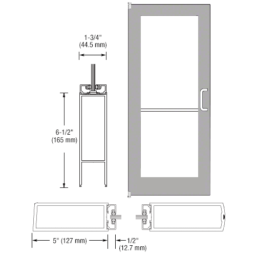CRL-U.S. Aluminum 1DC52211R136 Clear Anodized 550 Series Wide Stile Inactive Leaf of Pair 3'0 x 7'0 Offset Hung with Pivots for Surf Mount Closer Complete Door for 1" Glass with Standard MS Lock and Bottom Rail